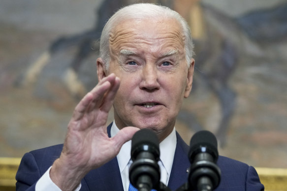 US President Joe Biden speaks about the auto workers’ strike from the Roosevelt Room of the White House.