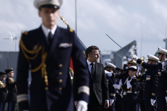 French President Emmanuel Macron visiting a nuclear submarine base in Crozon, northwest France, last month.