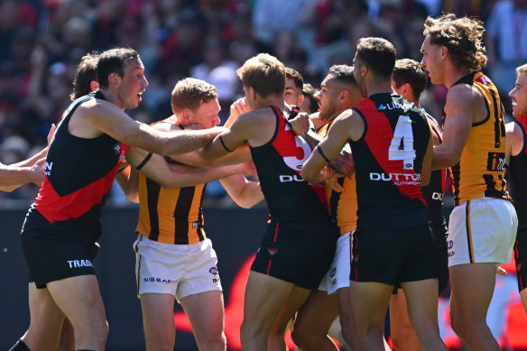Essendon and Hawthorn players fly the flag.