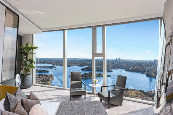 The four-bedroom, four-bathroom apartment is one of the few apartments up for resale in the Barangaroo tower.
