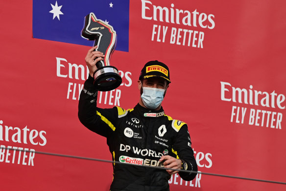 Third-placed Daniel Ricciardo on the podium for Renault on Sunday.