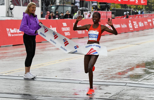 Kenya's Brigid Kosgei winning the Chicago Marathon on 2018.