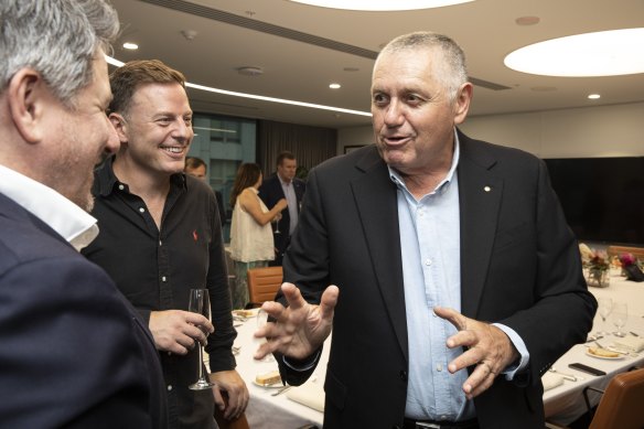 From left: Nine chief executive Mike Sneesby and broadcaster Ben Fordham speak to Ray Hadley at a lunch to celebrate his 20 years on 2GB mornings.