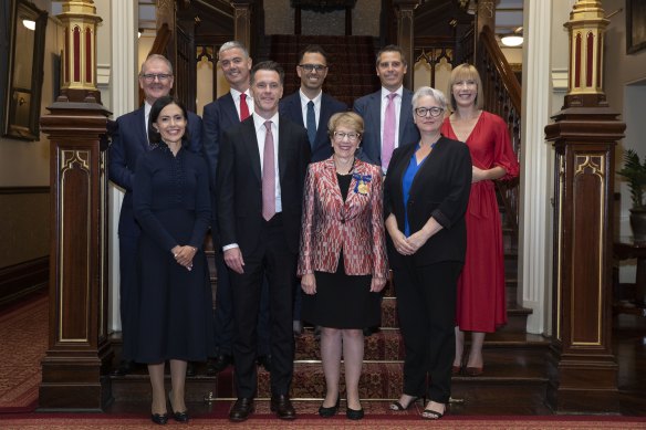 Minns' interim cabinet: Michael Daley, Prue Car, John Graham, Chris Minns, Daniel Mookhey, Ryan Park, Penny Sharpe and Jo Haylen, with Governor Margaret Beazley. 