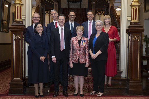 The interim Minns cabinet: Michael Daley, Prue Car, John Graham, Chris Minns, Daniel Mookhey, Ryan Park, Penny Sharpe and Jo Haylen – with Governor Margaret Beazley. 