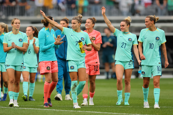 Steph Catley (left) will be around for Australia’s third game against Chinese Taipei, but Ellie Carpenter and Emily van Egmond (both right) have returned to their clubs.