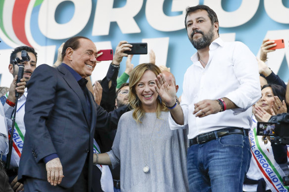 From left, Silvio Berlusconi, Giorgia Meloni and Matteo Salvini address a rally in Rome.