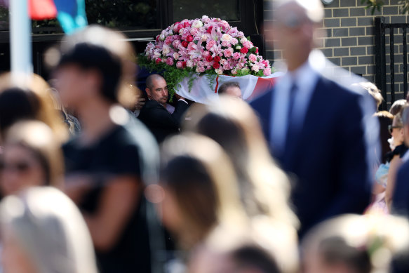 Mourners gathered to farewell Holly Morton-Bowles, 19, at Beaumaris Secondary College on Monday.