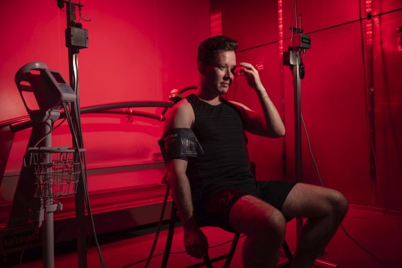 Dr James Smallcombe inside the heat chamber in the University of Sydney’s Heat Laboratory.