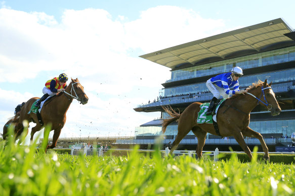 Gytrash storms away from  Nature Strip in the Concorde Stakes.