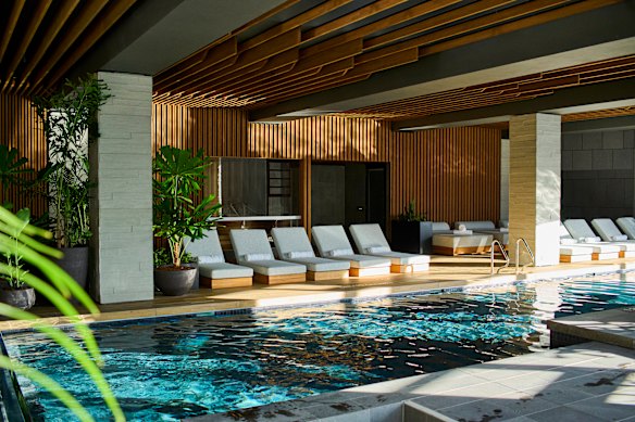 The pool area features a sauna and steam room.