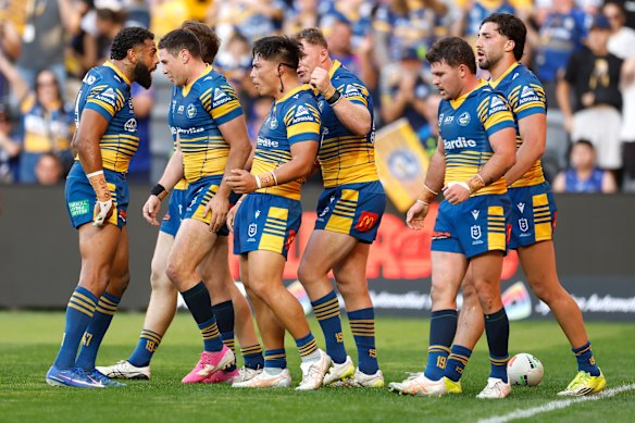 Parramatta celebrate Ronald Volkman’s first-half try.