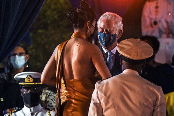 Rihanna, honoured as a National Hero, greeted Prince Charles at the Presidential Inauguration Ceremony in Barbados last November. The nation is now a republic but still in the Commonwealth.