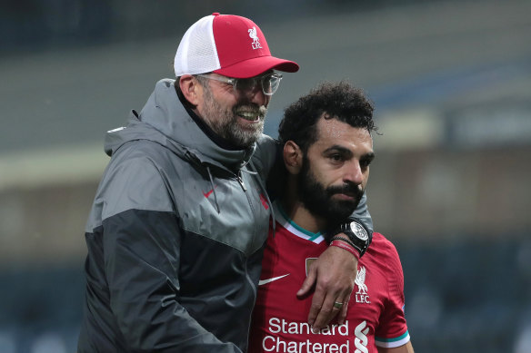 Jurgen Klopp, left, may be without Mohamed Salah for Liverpool's clash against Leicester City. 