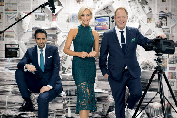 Waleed Aly (left) with Carrie Bickmore and Pete Helliar, both of whom left The Project at the end of 2022.