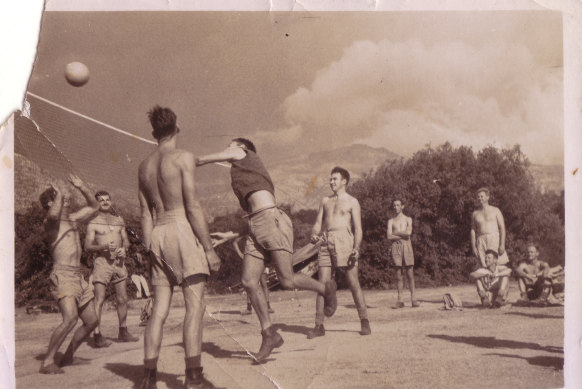 Allied troops playing volleyball in Corsica.