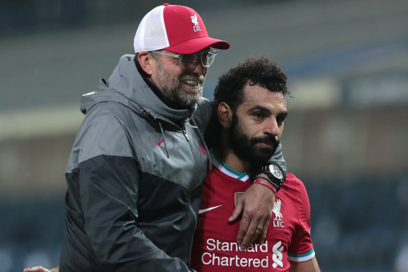 Liverpool manager Juergen Klopp and Reds goalscorer Mohamed Salah.