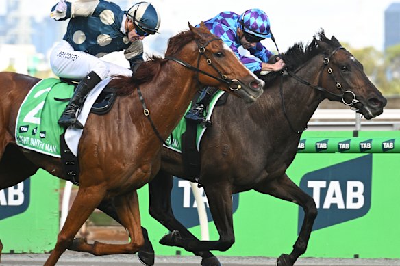 Harry Coffey on Light Infantry Man just pips Declan Bates and Pride Of Jenni at the post.