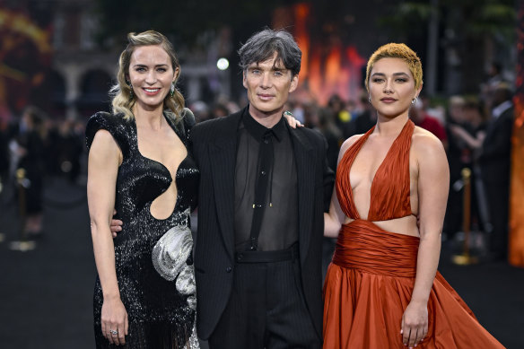 Emily Blunt, Cillian Murphy and Florence Pugh at the Oppenheimer premiere in London in July. The actors left the event early, in support of the strike.