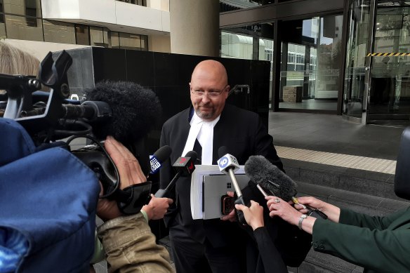 Barrister Paul Holmes who is representing the man charged with ordering the assassination of Rebels bikie boss Nick Martin speaks with the media after his client’s appearance in Perth Magistrates Court.