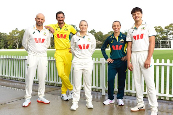 Australian cricketers will be sponsored by Westpac, from left to right: Nathan Lyon, Mitchell Starc, Alyssa Healy, Ashleigh Gardner and Sam Konstas.