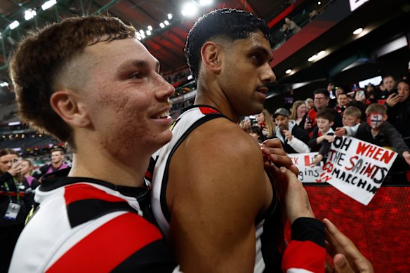 Lance Collard and Nasiah Wanganeen-Milera after the Saints defeated Essendon last season. 