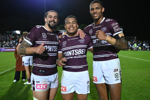 Josh Aloiai, Raymond Tuaimalo Vaega and Jason Saab after last week’s win against the Storm.