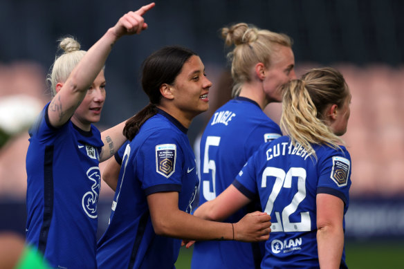 Sam Kerr celebrates her second goal.