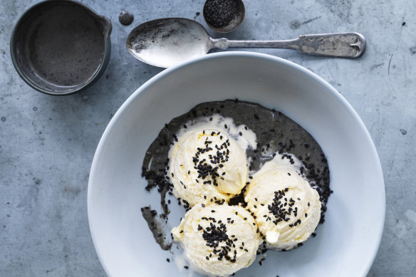 Vanilla ice-cream with roasted black sesame sauce.