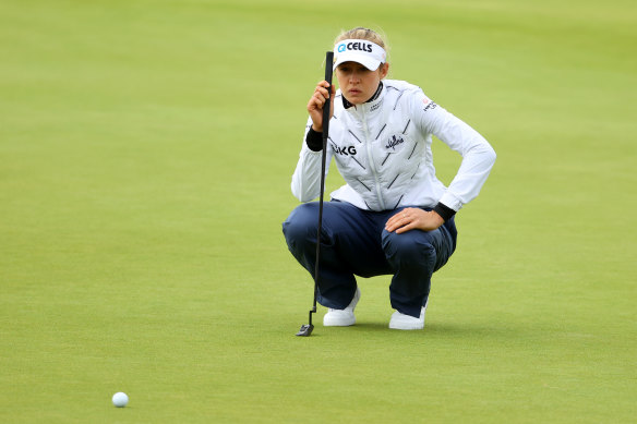Nelly Korda lines up a putt in the first round of the Women’s British Open.