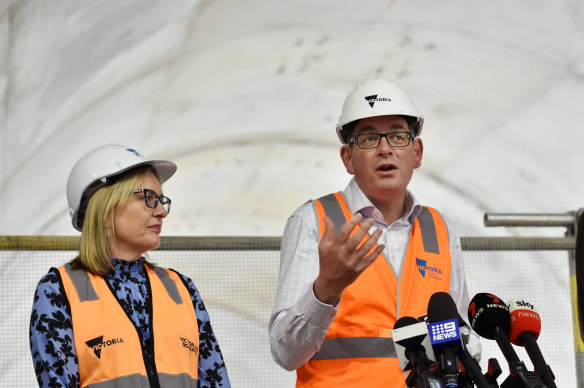 Premier Daniel Andrews and Minister for Transport and Infrastructure Jacinta Allan at the Metro Tunnel’s Town Hall Station construction site earlier this month.  