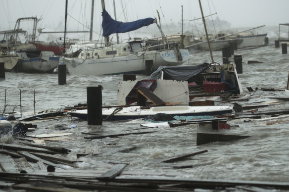 Damaged boats at Corpus Christi, Texas, after Hurricane Hanna hit. 