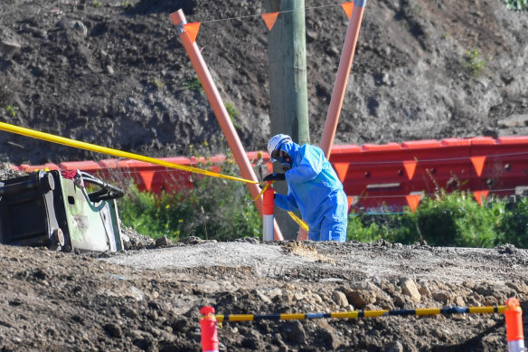 A worker at a West Gate Tunnel project site in Altona North in June.