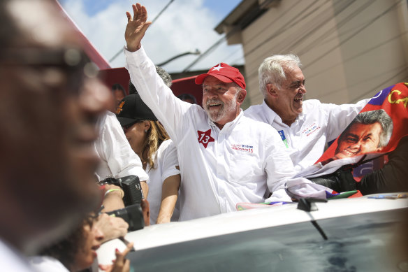 Brazil’s former President Luiz Inacio Lula da Silva, centre, campaigns in Salvador, Brazil, on Friday.