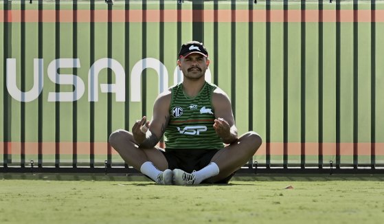 Latrell Mitchell takes a moment at Souths training on Thursday