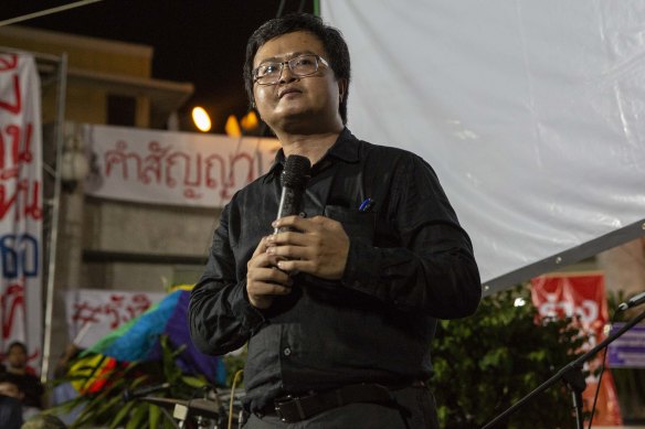 Thai human rights lawyer Anon Nampa speaks at a demonstration in Bangkok last month.