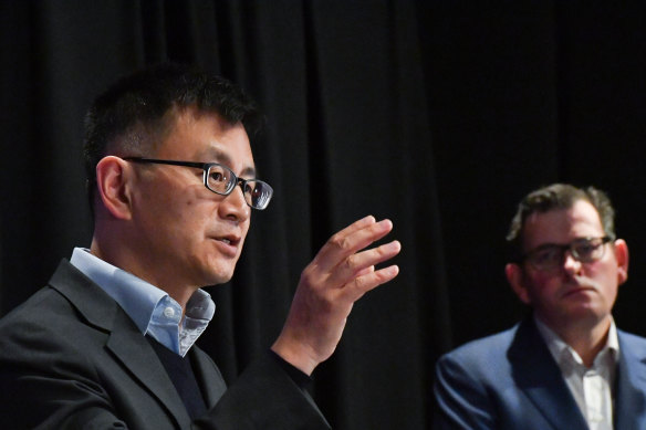 Acting Deputy Chief Health Officer Allen Cheng provides an update on Wednesday as Premier Daniel Andrews looks on.