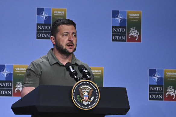 Ukrainian President Volodymyr Zelensky speaks at an event with G7 leaders to announce a Joint Declaration of Support for Ukraine during the NATO Summit, in Vilnius, Lithuania last Wednesday.