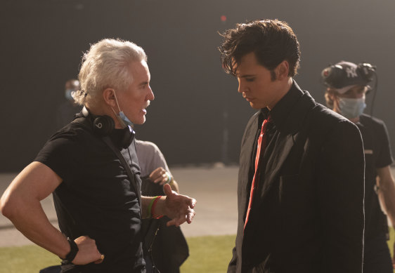 Baz Luhrmann and Austin Butler on the set of the movie.