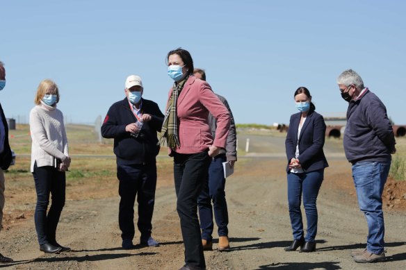 Queensland Premier Annastacia Palaszczuk (centre) inspects the site for the second quarantine facility in Toowoomba on Thursday.