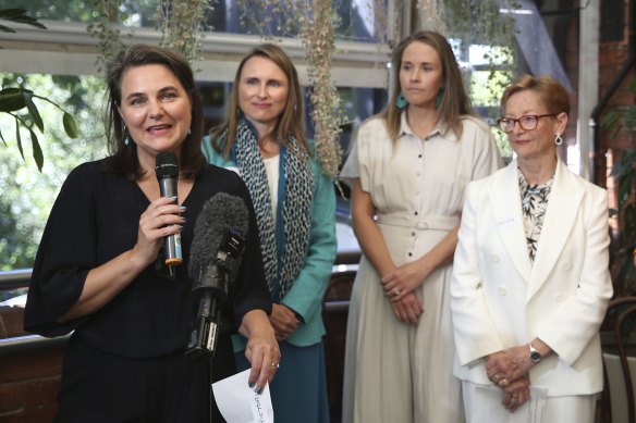 Independent candidate Victoria Davidson (Lane Cove) addresses a Climate 200 event with other teal candidates Joeline Hackman (Manly), Jacqui Scruby (Pittwater) and Helen Conway (North Shore).