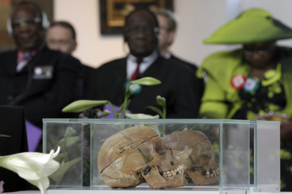Skulls of Ovaherero and Nama people are displayed during a ceremony attended by tribe representatives in Berlin in 2011. 