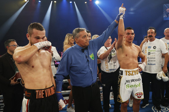Tim Tszyu is declared the winner after Wednesday’s fight.