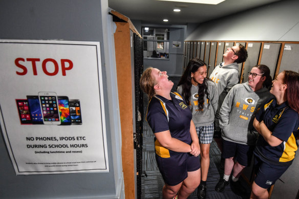 Narre Warren South students (left to right)  Madeleine Gwynne, 15, Joanna Ramea, 17,  Ryan Ihle, 17, Melinda Rogerson and  Michaela Ford, 15, are adjusting to the ban. 