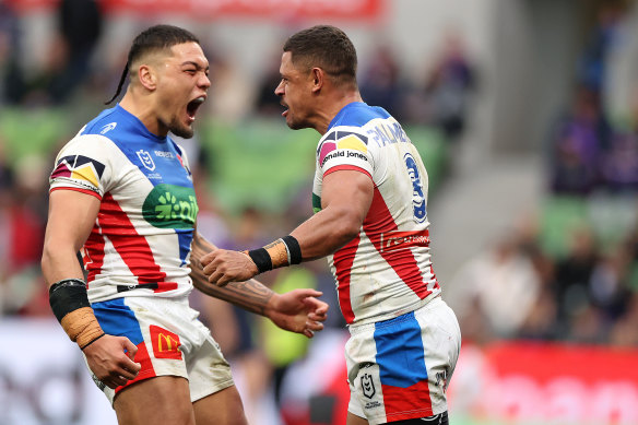 A passionate Leo Thompson with Dane Gagai.