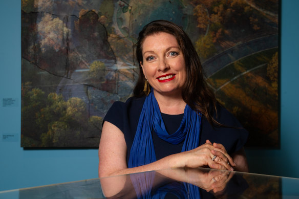 Dr Sarah Schmidt, director at Canberra Museum and Gallery, has conducted extensive research into Streeton’s Venetian masterpiece.  (The artwork behind her is Bruce Reynolds ‘Academy’, 2007.)