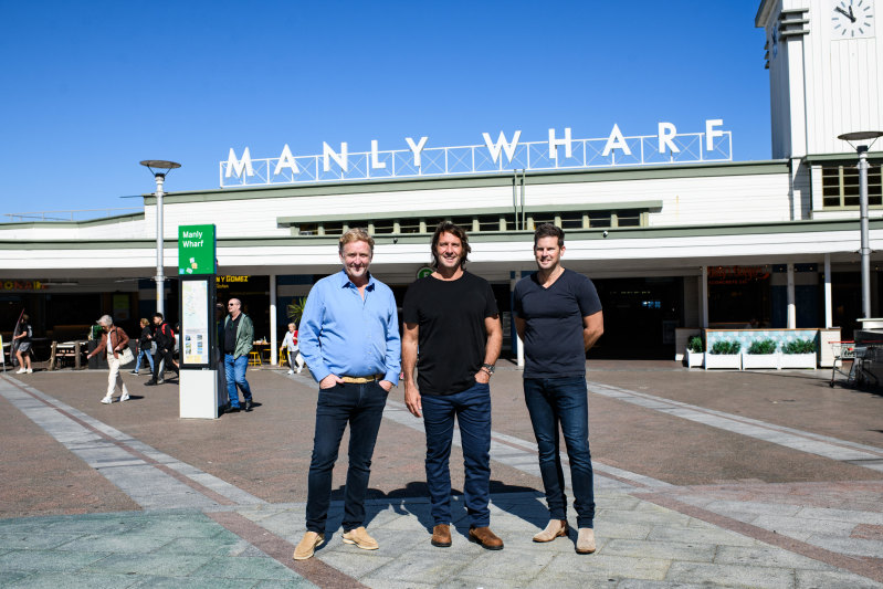 Founders of the Artemus Group, which has taken over Manly Wharf, (from left) Paul Henry and Adam Flaskas, with CEO Luke Fraser.