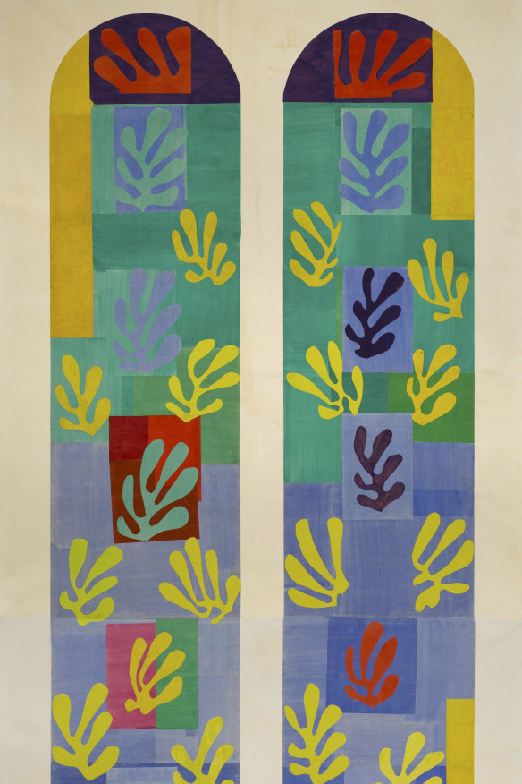 A leaf motif and glass panels rendered in three colours - lemon yellow, vivid green and an ultramarine blue - belie the long days and sleepless nights Matisse devoted to them.