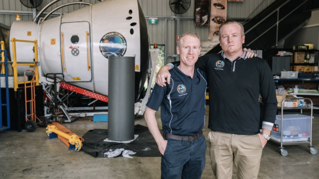 Gilmour Space Technologies CEO Adam Gilmour, left, with brother and company director James Gilmour at its Gold Coast rocket facility.