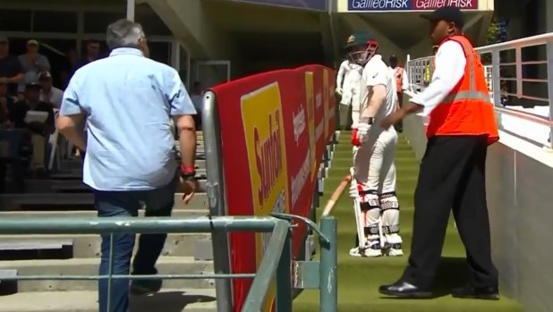 Stand off: David Warner turns back to face a crowd member giving the Australian vice-captain an earful. 